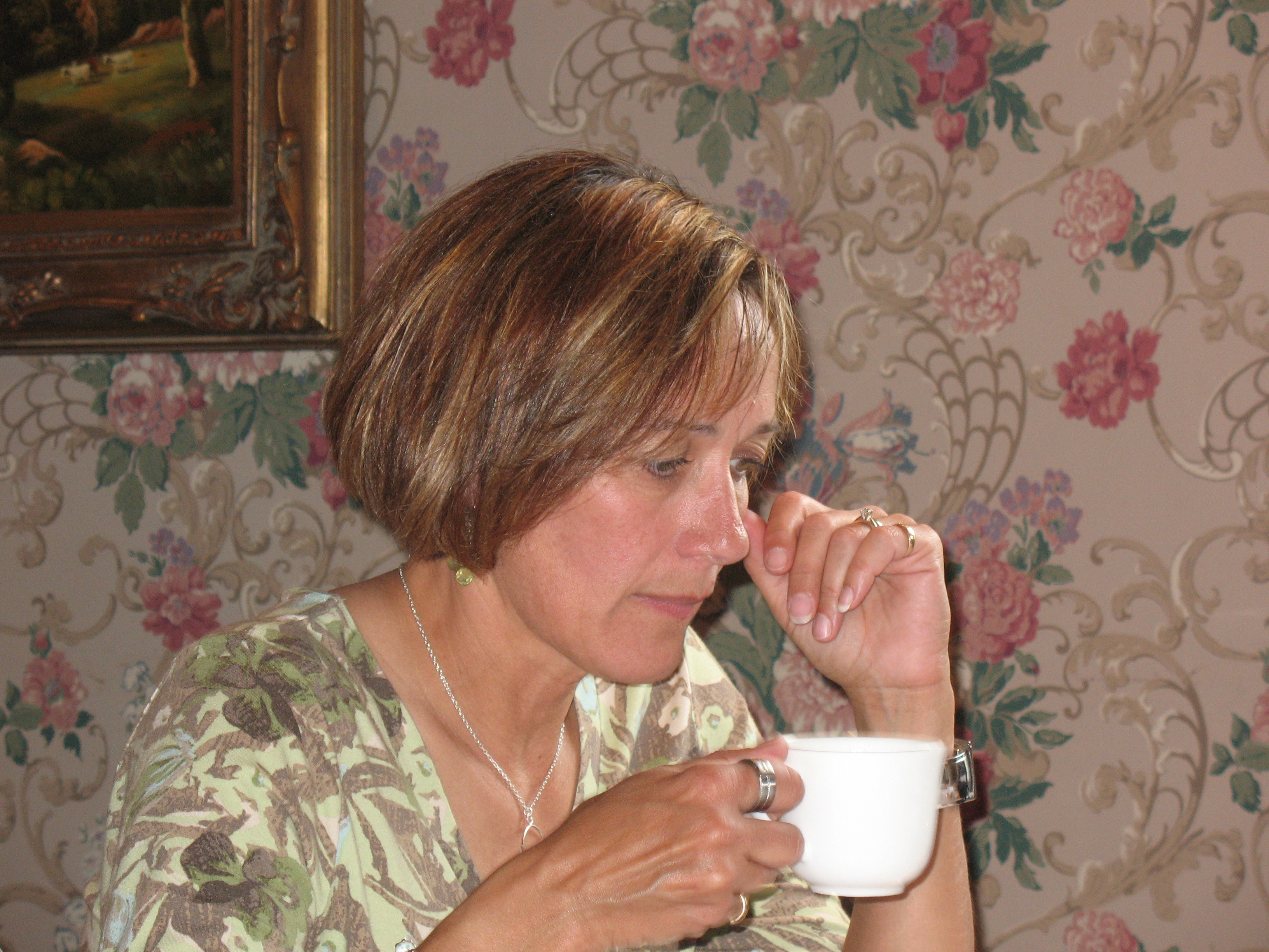 Daphne quietly enjoys a cup of tea