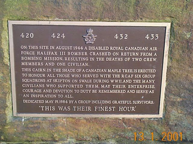 skipton-on-swale memorial of RCAF Halifax crash