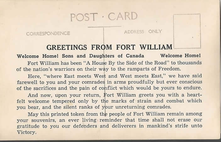 back of Fort Williams postcard